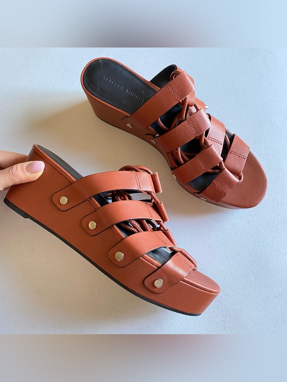 Rebecca Minkoff Size 10.5 Brick Red Genuine Leather Lace-up Platform Wedge Heel
